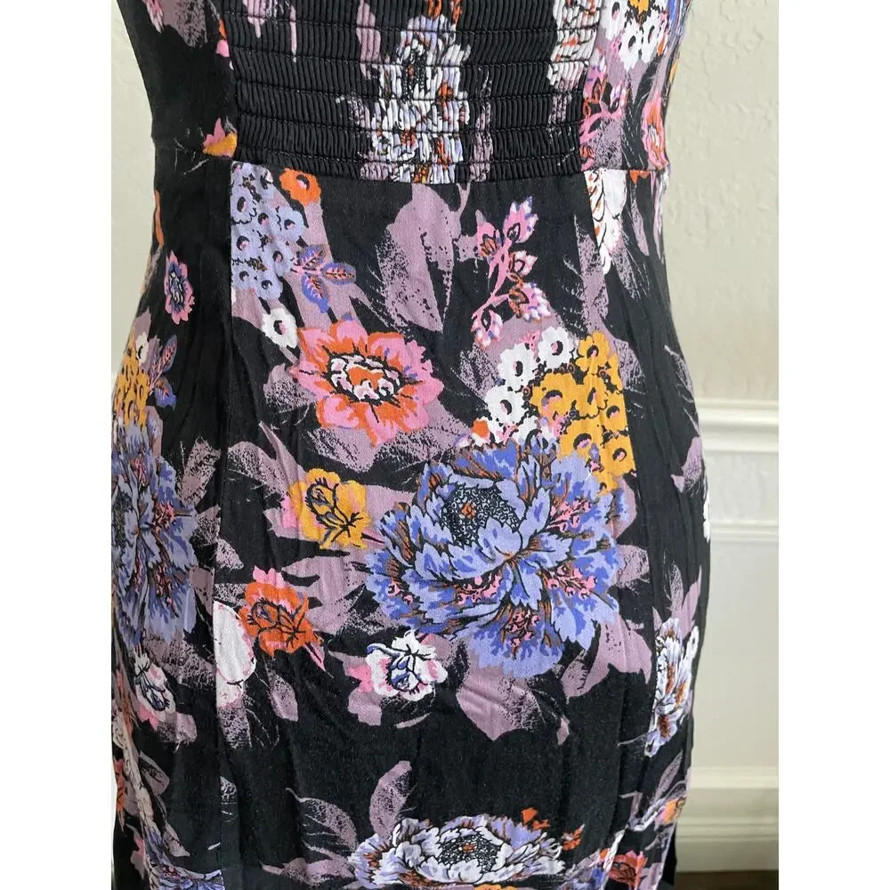 Free People Happy Heart Floral Mini Dress Black Smocked Tie Front Small
